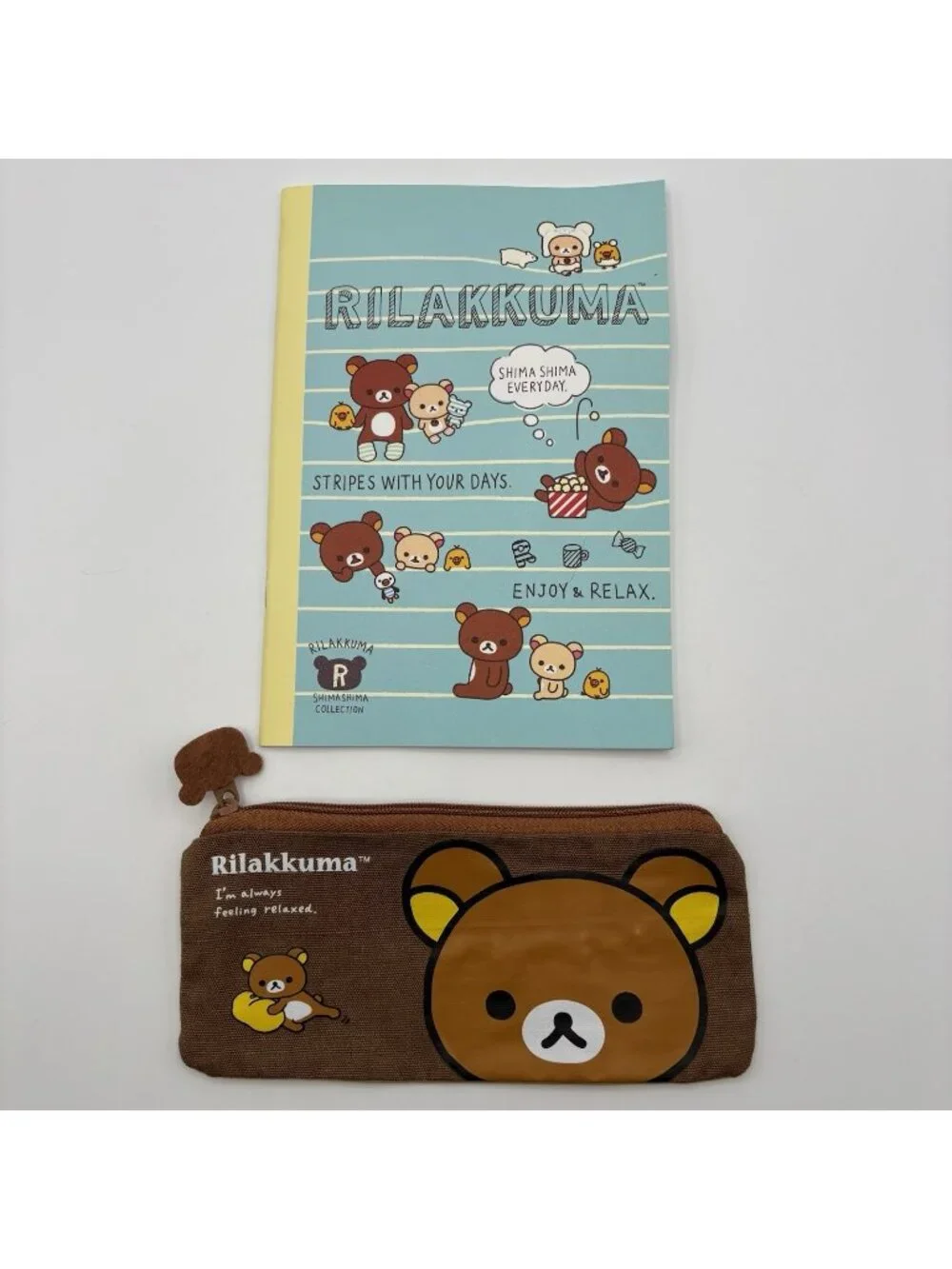 Rilakkuma Brown Bear Zippered Coin Pouch Pencil Case and Small Notebook Japan